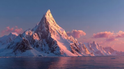 Fototapeta premium Snow-covered mountain peak stands tall against a bright sky at sunset near a calm body of water in a remote location filled with rocky formations and ice