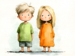 Watercolor illustration of a cute boy and girl standing side by side with gentle features and light colors creating a charming children's image.