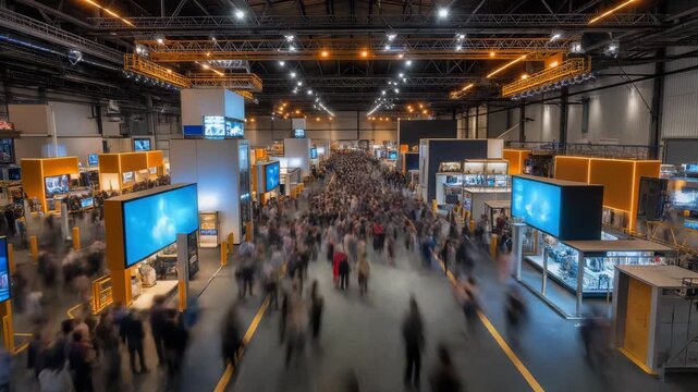 High angle view of a massive crowd of business professionals attending a large technology trade show in a modern exhibition hall concept for product launch, industry conference and corporate marketing