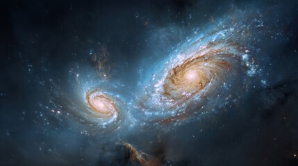 Two majestic spiral galaxies merge into one, with vibrant hues and cosmic dust