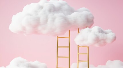 Clouds and golden ladders against a pink background