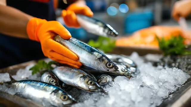 Faceless worker in orange gloves sorting fresh raw sardines on industrial production line, close-up of anchovies on ice in factory, detailed seafood processing operation, with copy