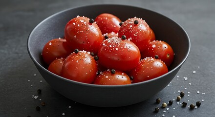 Freshly Prepared Whole Peeled Tomatoes Seasoned with Salt and Pepper in a Dark Bowl.