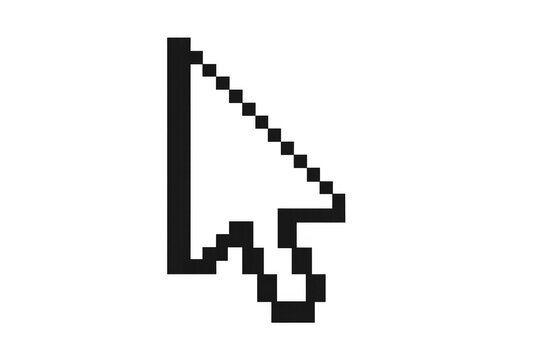 Black pixel art computer mouse cursor arrow pointing left up on a transparent background illustrating digital navigation