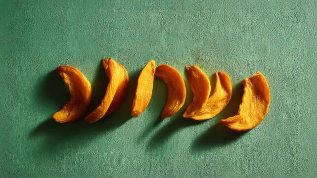 Curved line of dried mango slices displayed on a textured green background, representing healthy tropical snack food concept