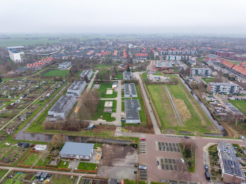 Aerial panoramic view of Noorderhoek residential district in Sneek