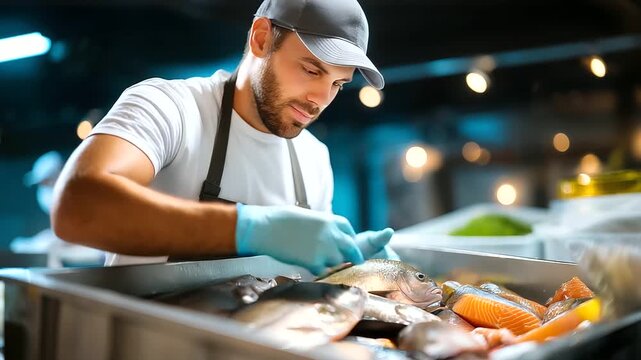 Faceless professional worker in white uniform and gloves sorting fresh fish into insulated container for commercial shipping, food safety and quality control in seafood processing