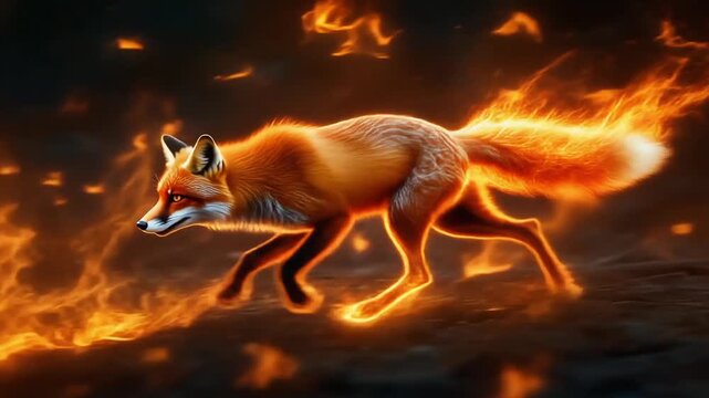 A fiery fox with flames engulfing its body runs through a dark background with a cinematic lighting effect and warm orange tones.