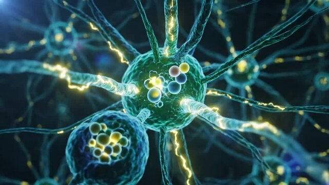 Artistic animated microscopic view of neurons firing with colorful molecules and neural signals, 3D render