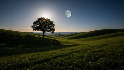 Solitary Tree Under Moonlit Night Sky