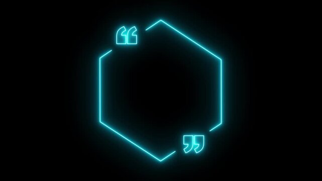 glowing neon Hexagon quote frame icon animation on black background. Perfect for social communication, messaging, punctuation or UI motion graphics. neon Hexagon quote mark. 4k motion video.