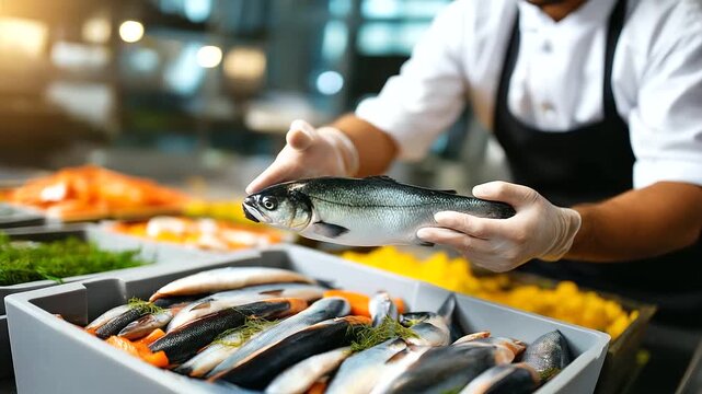 Faceless professional worker in white uniform and gloves sorting fresh fish into insulated container for commercial shipping, food safety and quality control in seafood processing