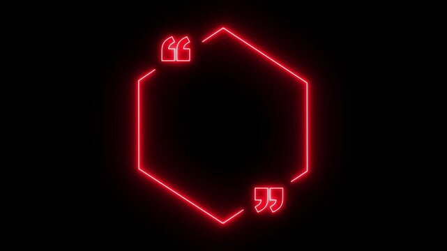 glowing neon Hexagon quote frame icon animation on black background. Perfect for social communication, messaging, punctuation or UI motion graphics. neon Hexagon quote mark. 4k motion video.