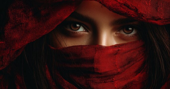 Closeup woman eyes with red fabric