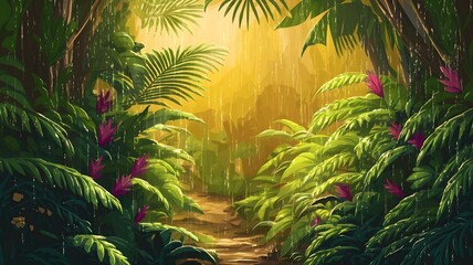 Vibrant tropical jungle path with golden sunlight and gentle rain, highlighting lush green foliage and exotic flowers in a serene forest