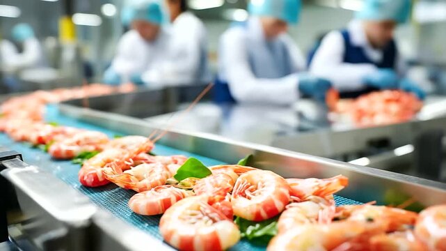Plump pink shrimp arranged on conveyor belt in bustling seafood processing facility, faceless workers diligently sorting and packing catch, ensuring quality and freshness for distr
