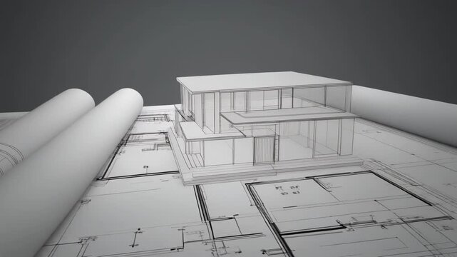 Architectural blueprint and modern house model for architectural presentations, real estate brochures, construction proposals, and home design projects.
