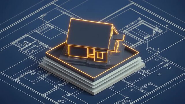 House illustration on blueprint, glowing edges. Perfect for real estate, construction, architecture presentations, or design projects. Ideal for showcasing building concepts.