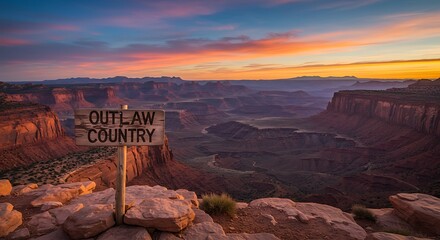 Outlaw Country Sign at Sunset Over Canyonlands National Park.