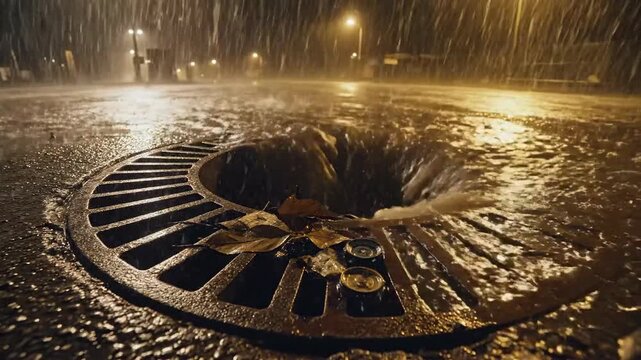 Dramatic Nighttime Rainfall, Flowing Water Drains Through a Storm Drain Into Dark Abyss
