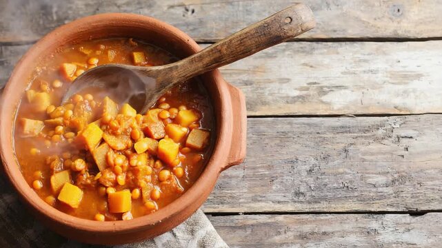 Hot healthy vegetable soup with corn and corn flakes served in a bowl on a wooden spoon for lunch