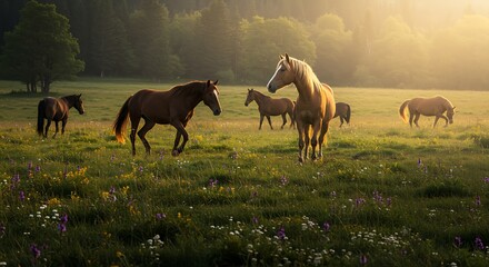 Horses grazing in a sunlit meadow at dawn.
