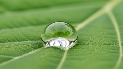 Close up of a Dew Drop on a Green Leaf