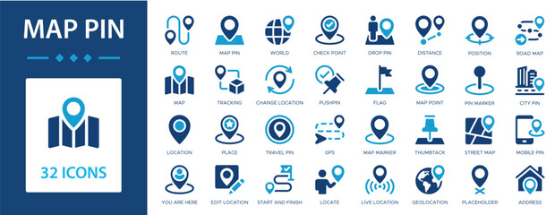 Map pin flat icons collection. Route, map, GPS, place, locate, street map, pushpin, flag, position, geolocation, pin marker, address sign set.