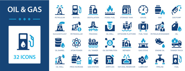 Oil and Gas flat icons collection. Jerrycan, fuel, petroleum, fracking, refinery, oil well, gas station, oil drill, fuel tank, gas pump, fossil fuel sign set.