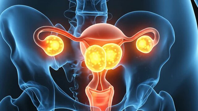 Human Female Reproductive System Anatomy Glowing Orange Ovaries And Uterus Xray View