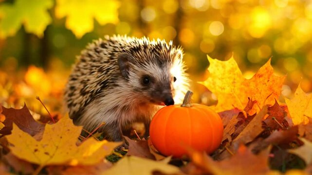 Cute hedgehog exploring a mini pumpkin in a bed of colorful autumn leaves with bokeh background