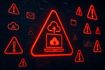 Cloud upload warning sign with digital security alert icons in red glowing style on dark background illustrating cybersecurity technology concept. Ai generative