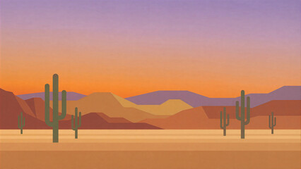 Naklejka premium Minimalist Flat Vector Illustration of a Serene Desert Sunset with Saguaro Cacti and Layered Geometric Mountains Under a Purple Sky