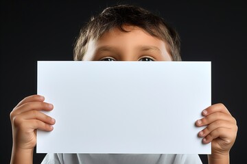 Child holding blank white sign in front of face on dark background