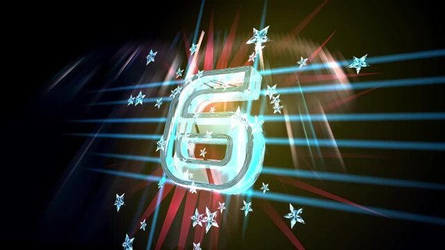 Fun party celebration countdown timer nine to one with 3d glass numbers and glowing stars animation