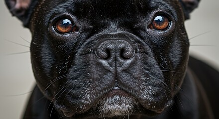 Intense close up portrait of a black French Bulldog.
