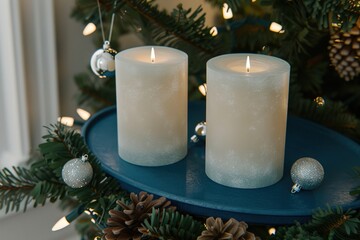 Festive Christmas scene with two lit candles on a blue tray surrounded by tree