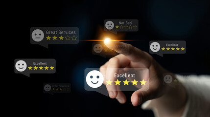 Customer satisfaction feedback levels with five-star ratings, representing positive and negative reviews, reflecting trust, reliability, and service evaluation Parse