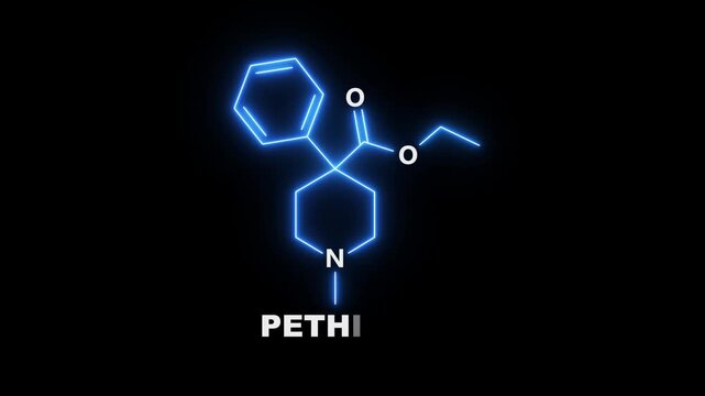 neon Pethidine molecular structure On black Background. glowing chemical formula of Pethidine. Pethidine Molecular Structure Symbol icon Animation. Pethidine Molecule Structure icon.