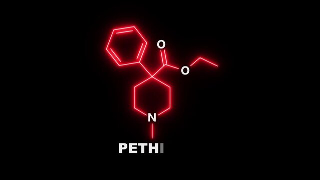 neon Pethidine molecular structure On black Background. glowing chemical formula of Pethidine. Pethidine Molecular Structure Symbol icon Animation. Pethidine Molecule Structure icon.