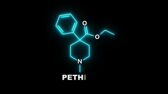 neon Pethidine molecular structure On black Background. glowing chemical formula of Pethidine. Pethidine Molecular Structure Symbol icon Animation. Pethidine Molecule Structure icon.