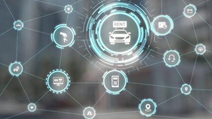Online car rental service with booking, GPS, key handover and vehicle sharing icons representing modern mobility, travel convenience and digital rental platforms. Gist