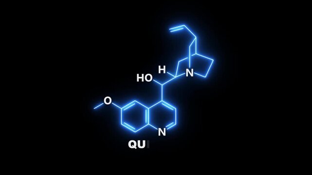 neon Quinine chemical skeletal formula On black Background. glowing chemical formula of Quinine. Quinine Molecular Structure Symbol icon Animation. Quinine Molecule Structure icon.