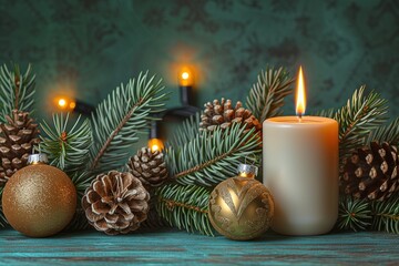 Christmas Decorations with Pine Branches, Ornaments, and Candles on Wooden Table