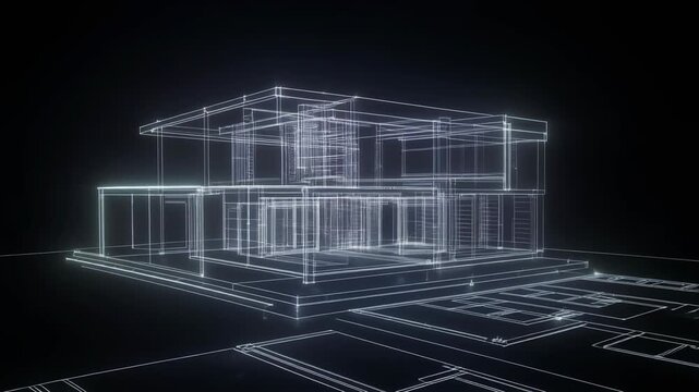 Modern house blueprints wireframe render suitable for architecture presentations, real estate marketing, construction planning, interior design projects and educational materials.