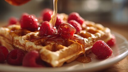 Sweet waffles topped with fresh raspberries and syrup on a plate during breakfast time