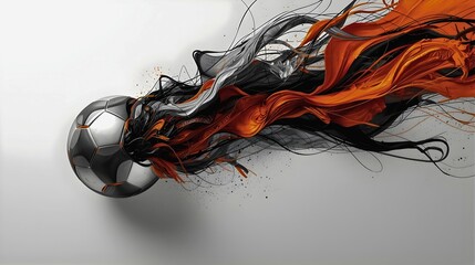 メタリック質感のサッカーボールと溢れ出るウェーブ状のオーラエネルギー