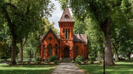 Naklejka premium Historic brick building stands in a park surrounded by green trees during a bright day in autumn