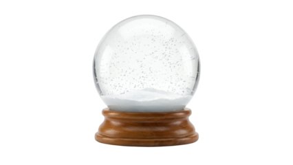 Empty Glass Snow Globe with White Snow and Wooden Base isolated PNG with Transparent Background