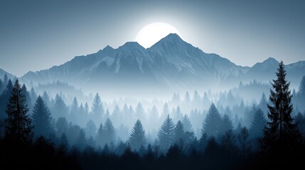 A beautiful forest with tall mountains in the background, foggy and misty with the sun rising behind the mountain